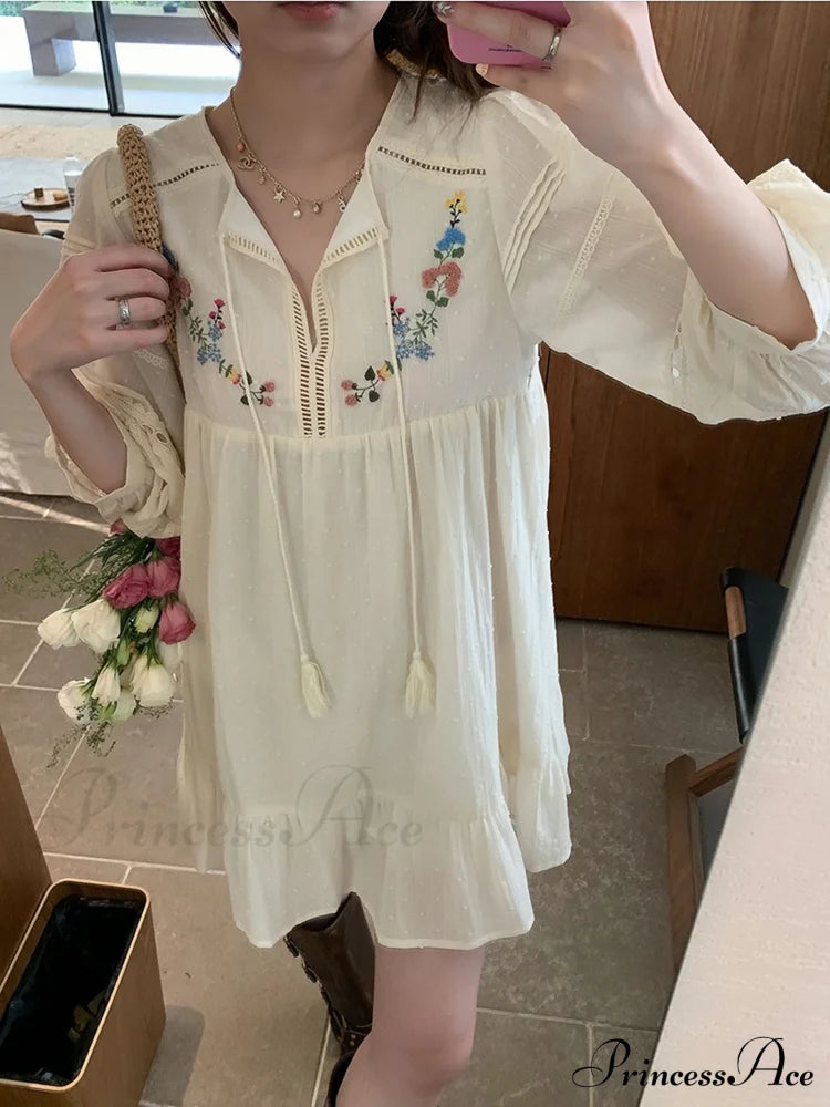 Embroidered Floral Holiday Ruffled Lantern Sleeve Dress French