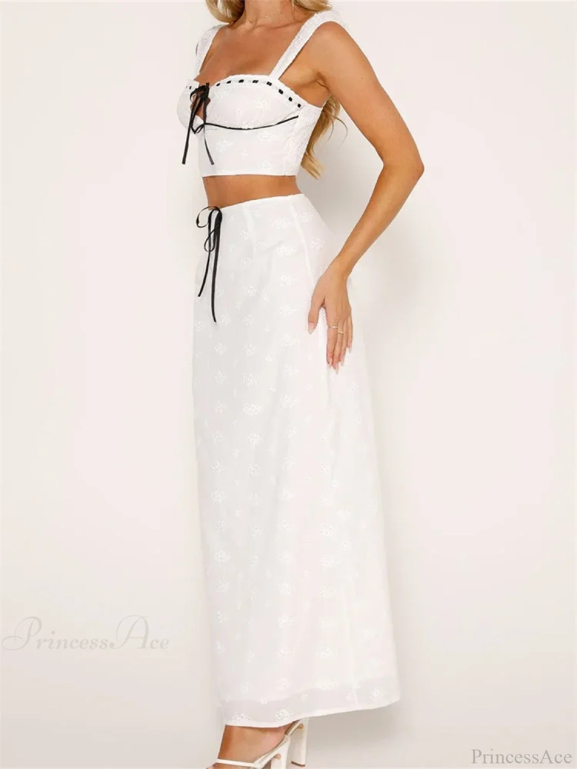 Embroidered Flower Sleeveless Crop Top High Waist Long Skirt skirt-250126