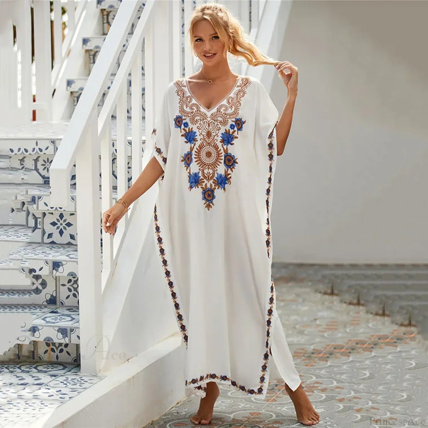 Embroidered Kaftan Beach Vacation Floral Dress Beige / One Size oldfloraldress-250126