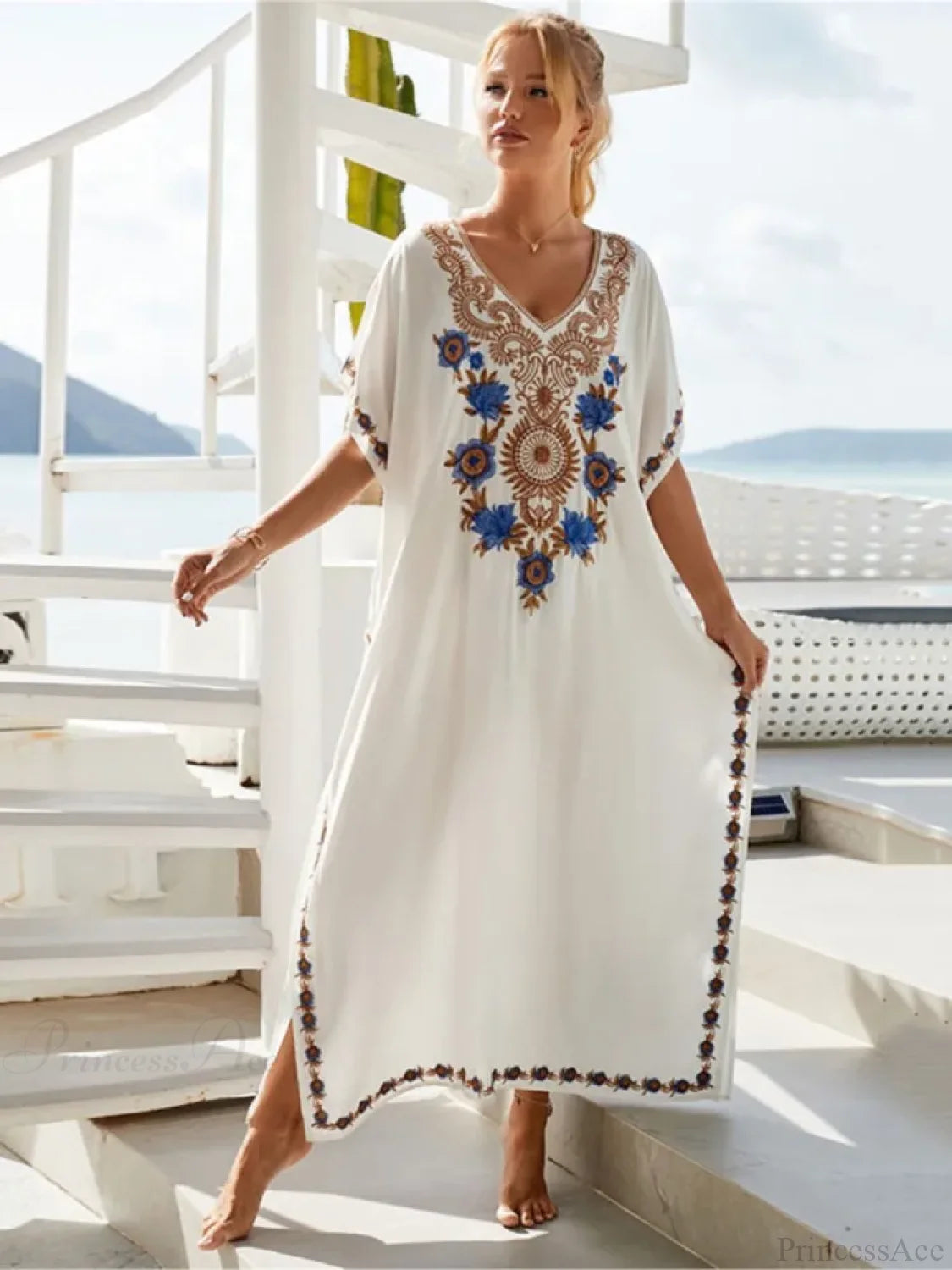 Embroidered Kaftan Beach Vacation Floral Dress oldfloraldress-250126