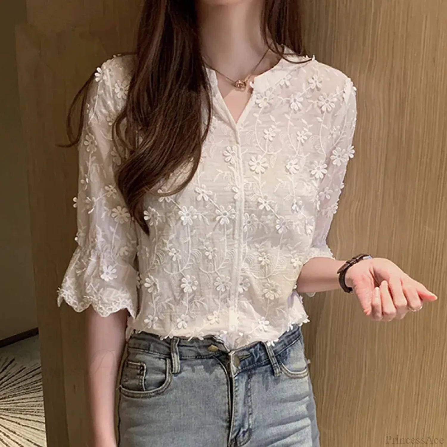 Embroidered Lace Summer Cotton White Blouse blouse-250126