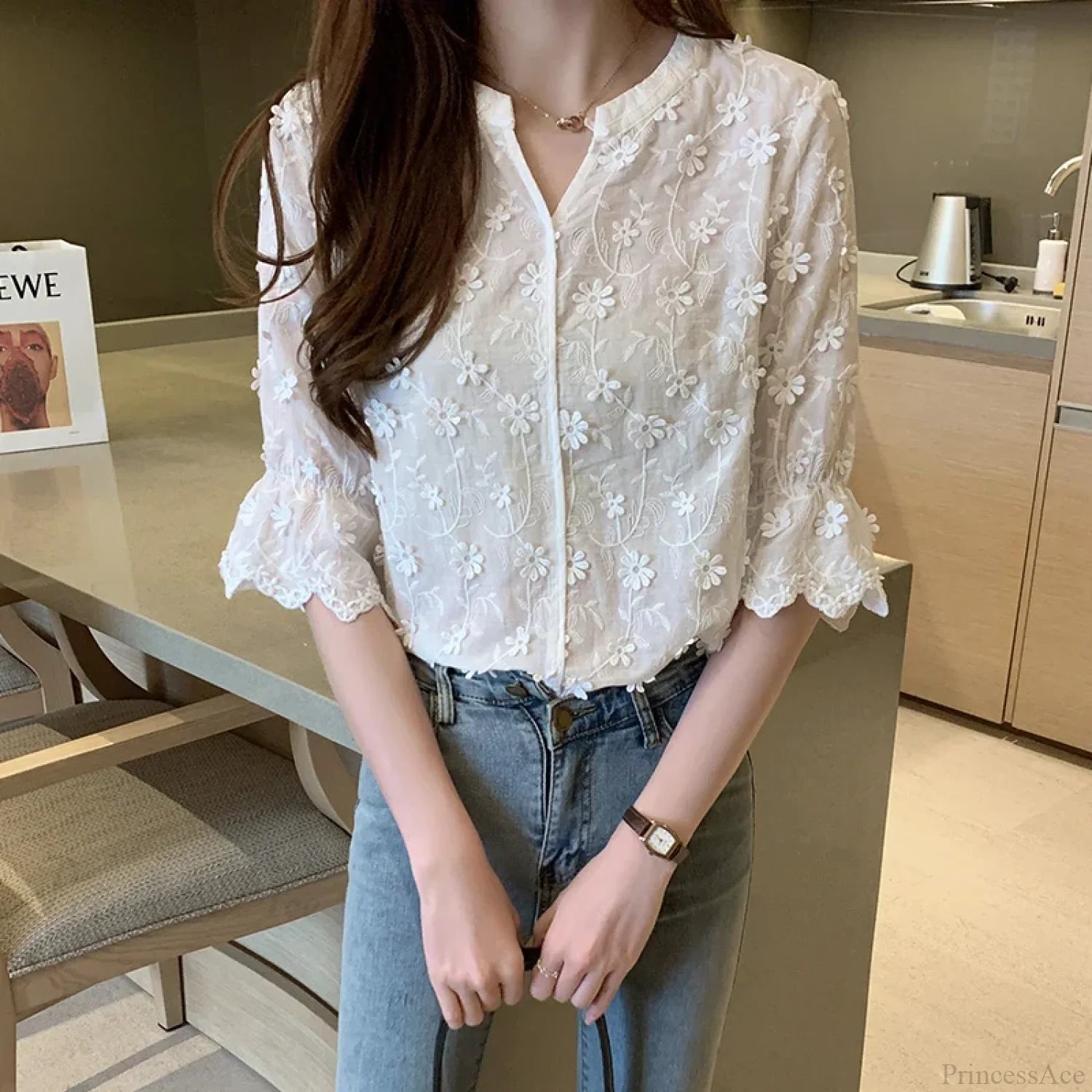 Embroidered Lace Summer Cotton White Blouse blouse-250126
