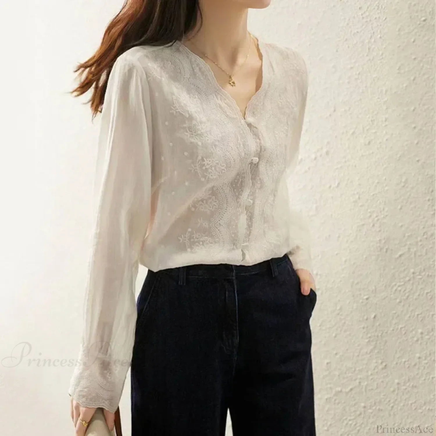 Embroidered Lace V-neck Linen Blouse Autumn Blouse blouse-250126
