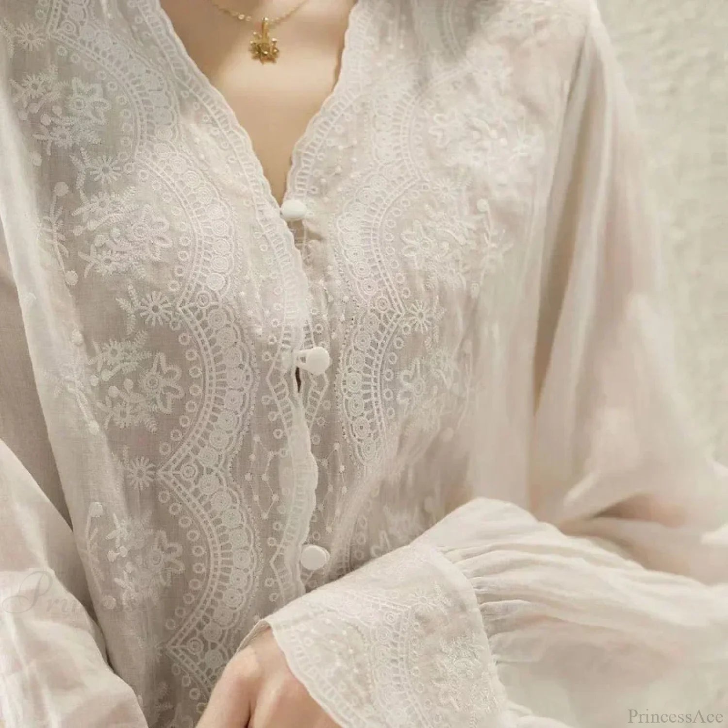 Embroidered Lace V-neck Linen Blouse Autumn Blouse blouse-250126