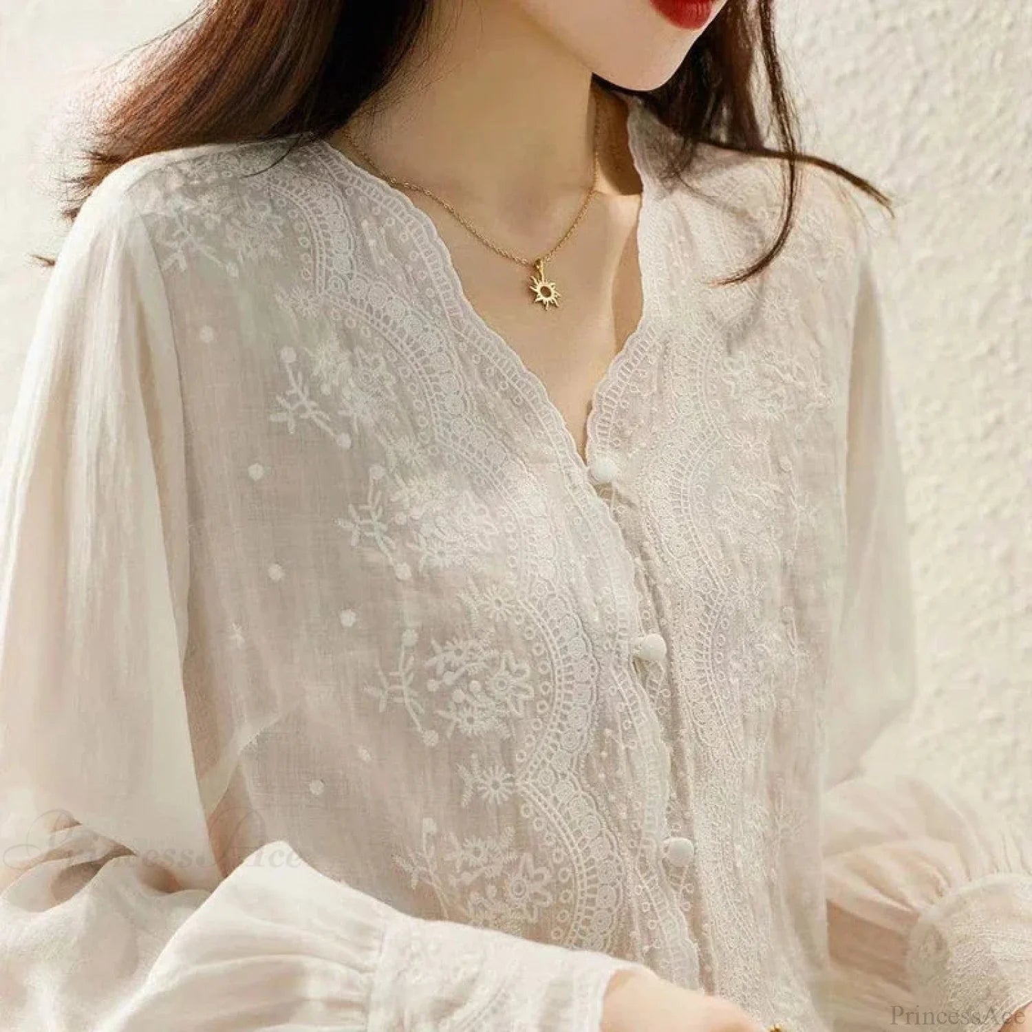 Embroidered Lace V-neck Linen Blouse Autumn Blouse blouse-250126