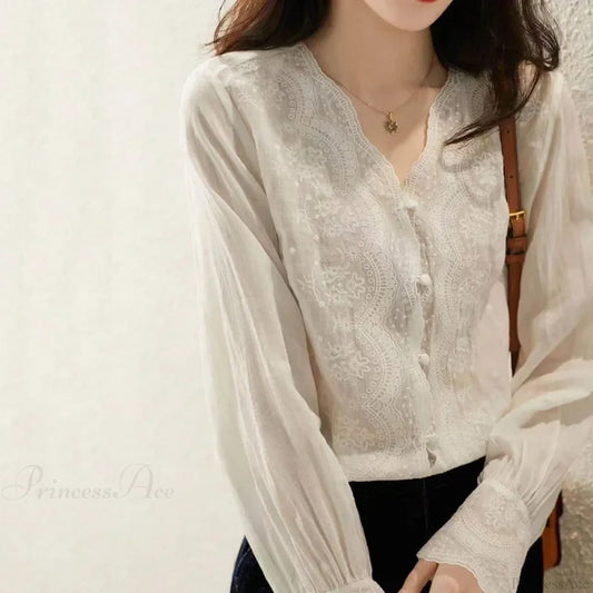 Embroidered Lace V-neck Linen Blouse Autumn Blouse WHITE / S blouse-250126