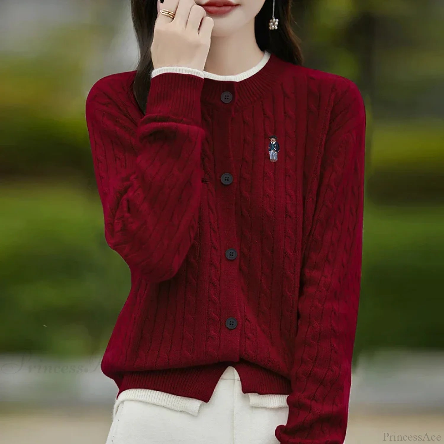 Embroidered Little Bear Loose Cashmere O-Neck Cardigan Ankela Red / M cardiagn-250126