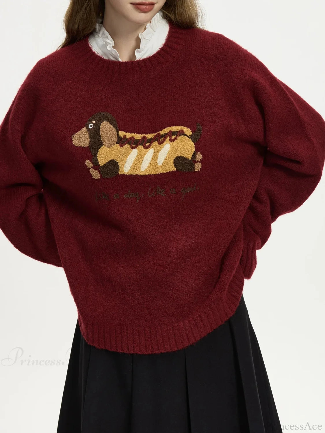 Embroidered Round Neck Drop Sleeve Sweater Retro red / XS