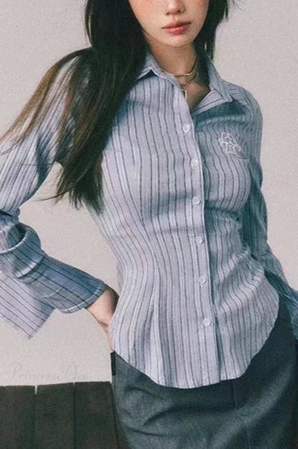 Embroidered Striped Slim Lapel Blouse blouse-250126