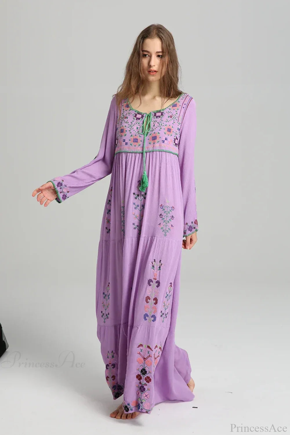 Embroidery Floral Long-sleeved Gypsy Maxi Boho Dress bohodress-250126