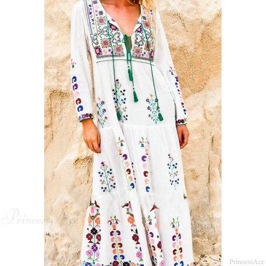 Embroidery Floral Long-sleeved Gypsy Maxi Boho Dress White / One Size bohodress-250126