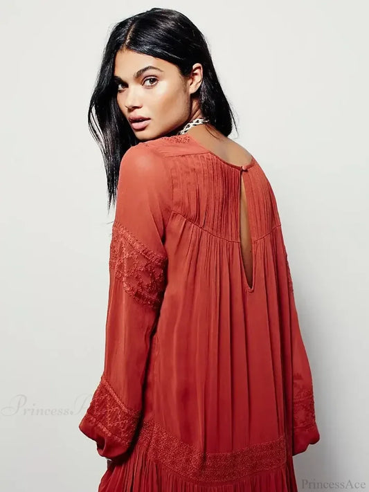 Embroidery Flower V-neck Split Mini Boho Dress Red / S bohodress-250126