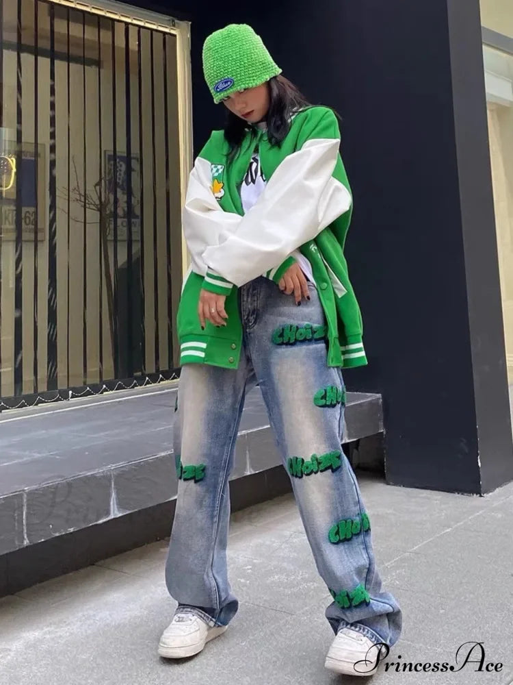 Embroidery Hiphop Flocking Autumn Wide-Leg Fashion High Waist Style Pants Jean