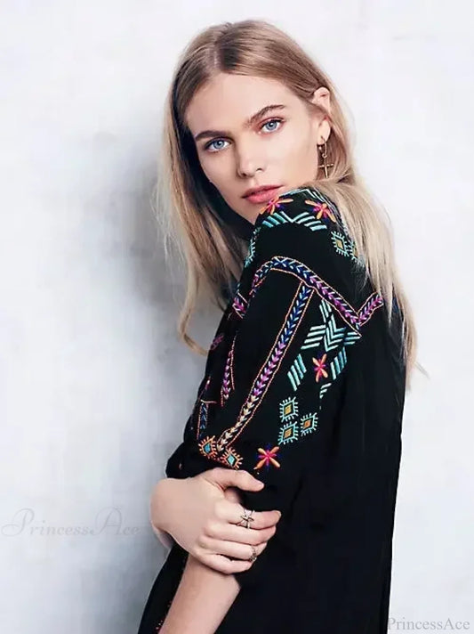 Embroidery Loose V-neck Black Elegant Boho Dress bohodress-250126