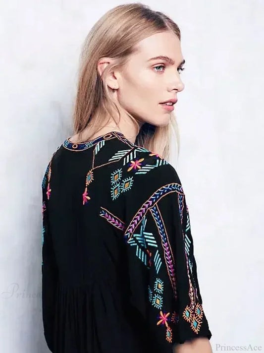 Embroidery Loose V-neck Black Elegant Boho Dress Black / S bohodress-250126