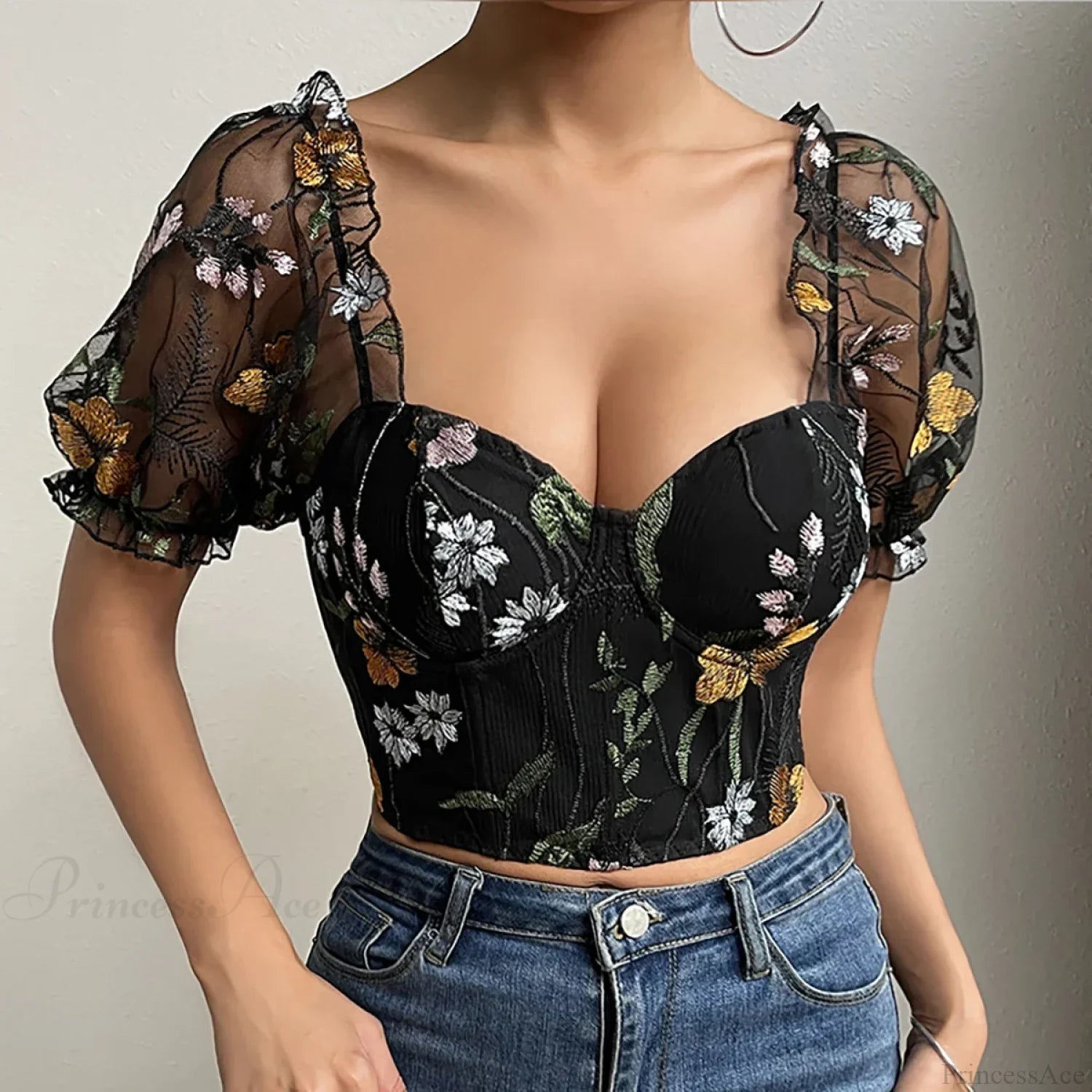 Embroidery Mesh Puff Sleeve Fishbone Corset Top Black / XS croptop-250126