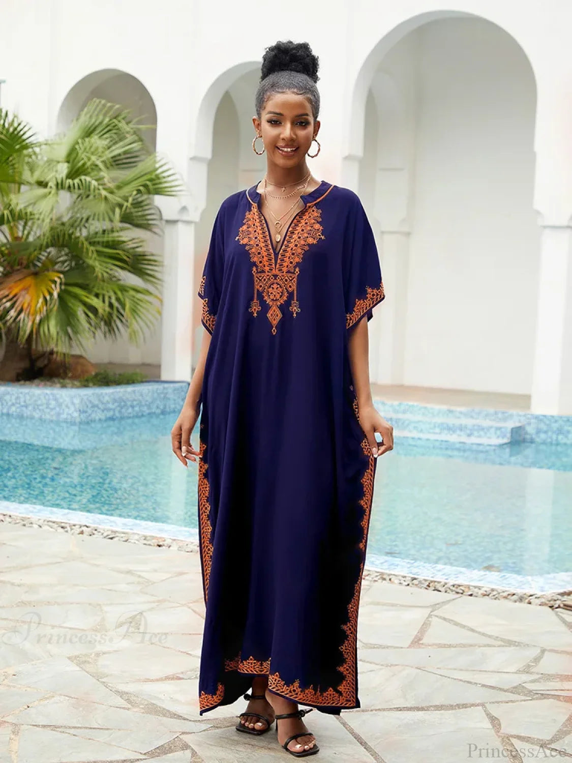 Embroidery Printed Long Dress Cover Up DEEP BLUE / One Size