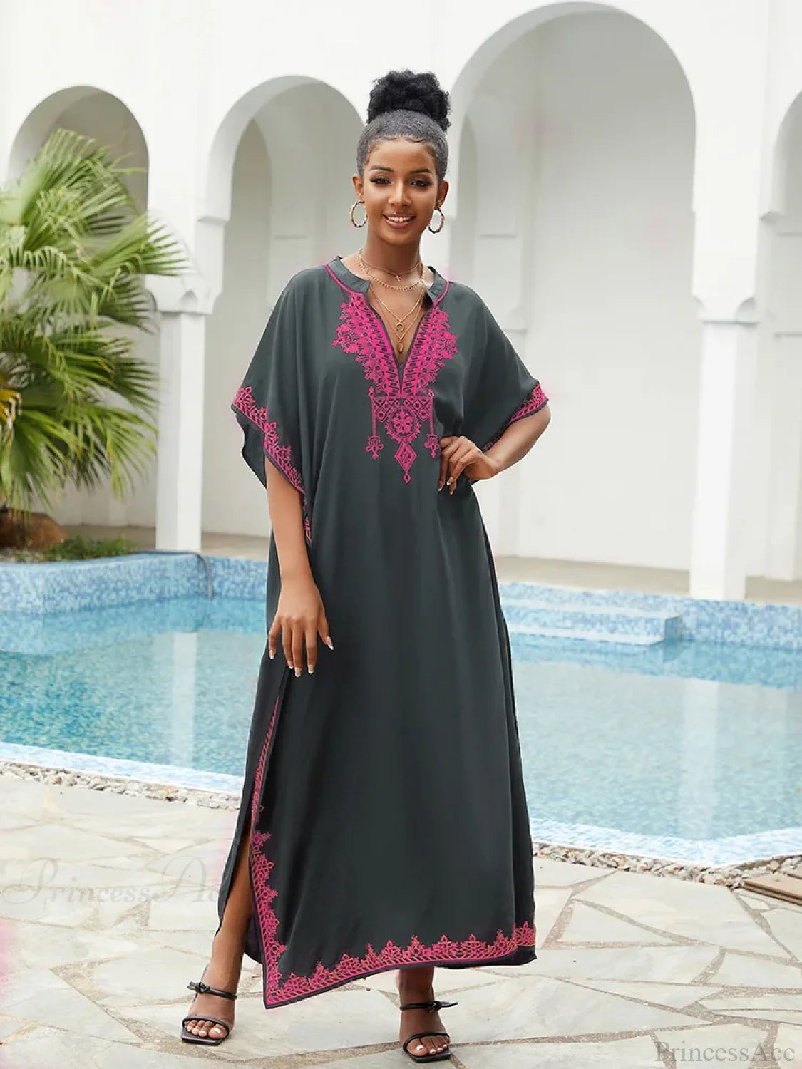 Embroidery Printed Long Dress Cover Up GRAY / One Size