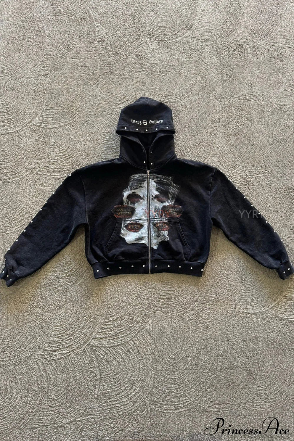 Embroidery Rhinestone Print Zip Hoodie Black / S