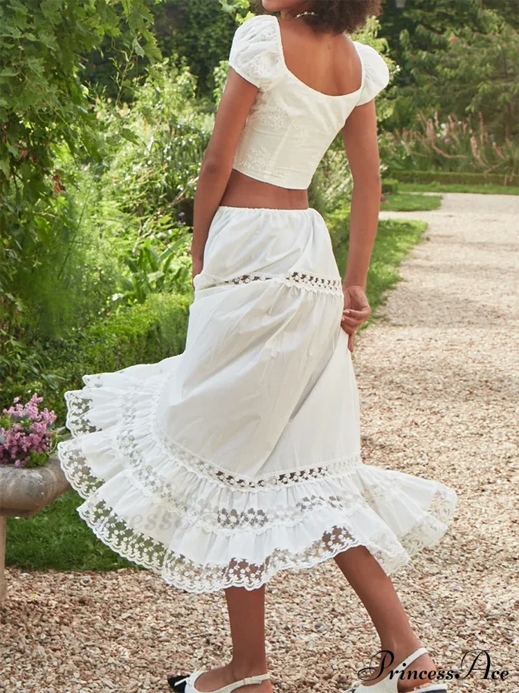 Embroidery White Crop Top Graceful And Midi Skirt Set Suit