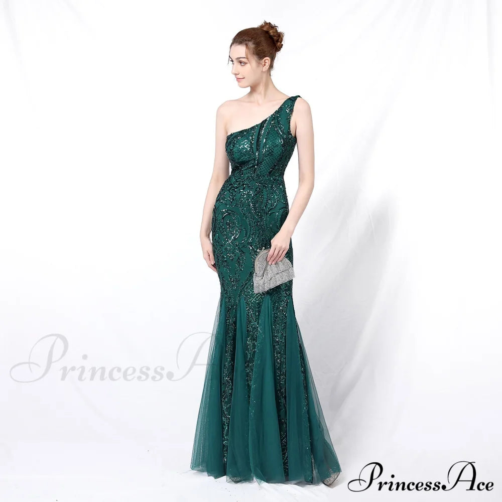 Emily formal one-shoulder sequined mesh fishtail dress - Lady Occasions