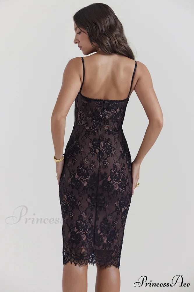Escala Black Stylish Lace Midi Dress