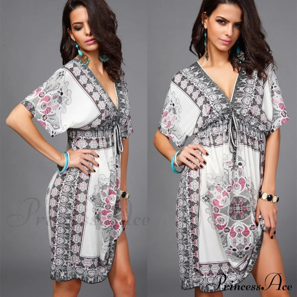 Ethnic Gown Warm-Season Women Flowered Bohemian With Style Print M / White Dresses