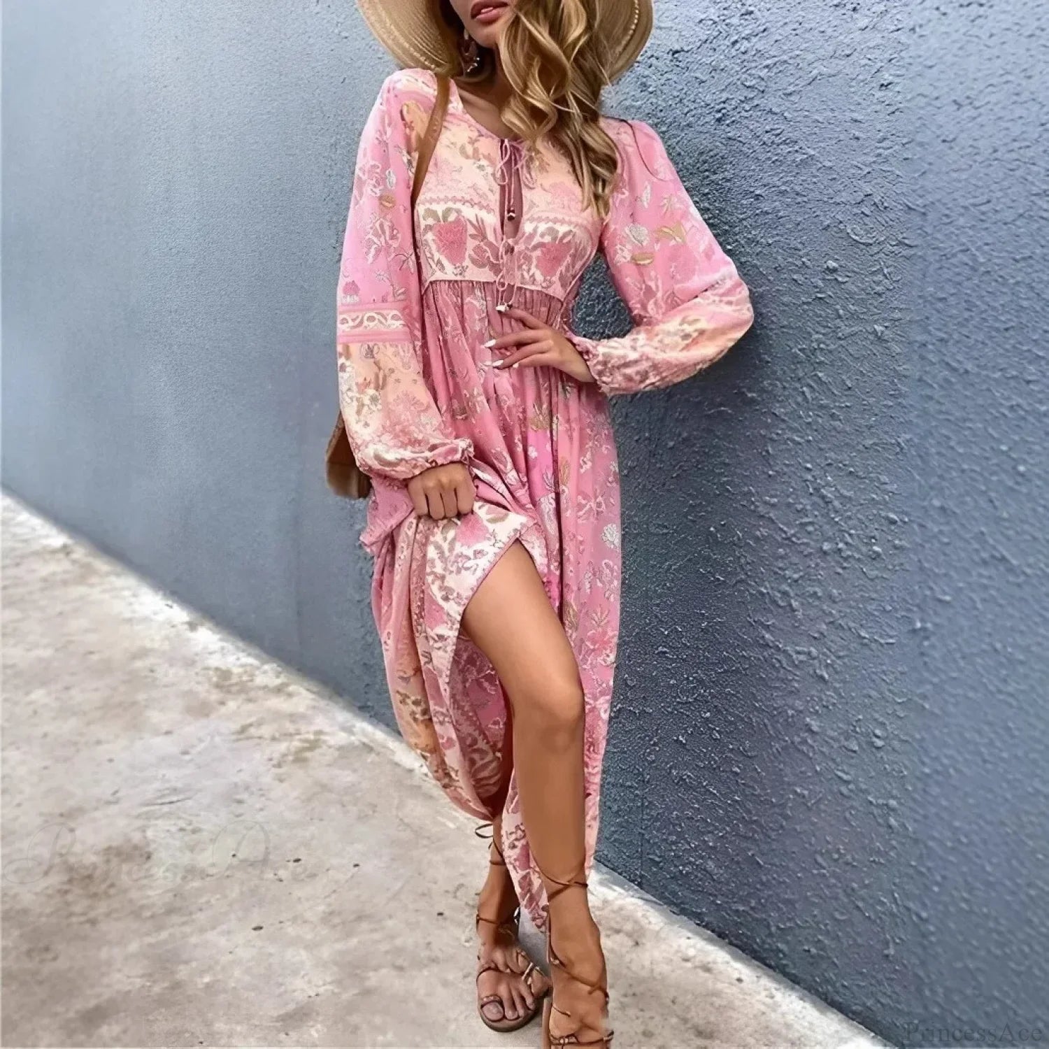 Ethnic Pink Floral Print Neck Tie Tassel Pleated Maxi Boho Dress Pink / S bohodress-250126