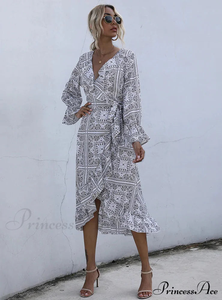 Ethnic Print Mid-Length Temperament Dress M / White Print Dress