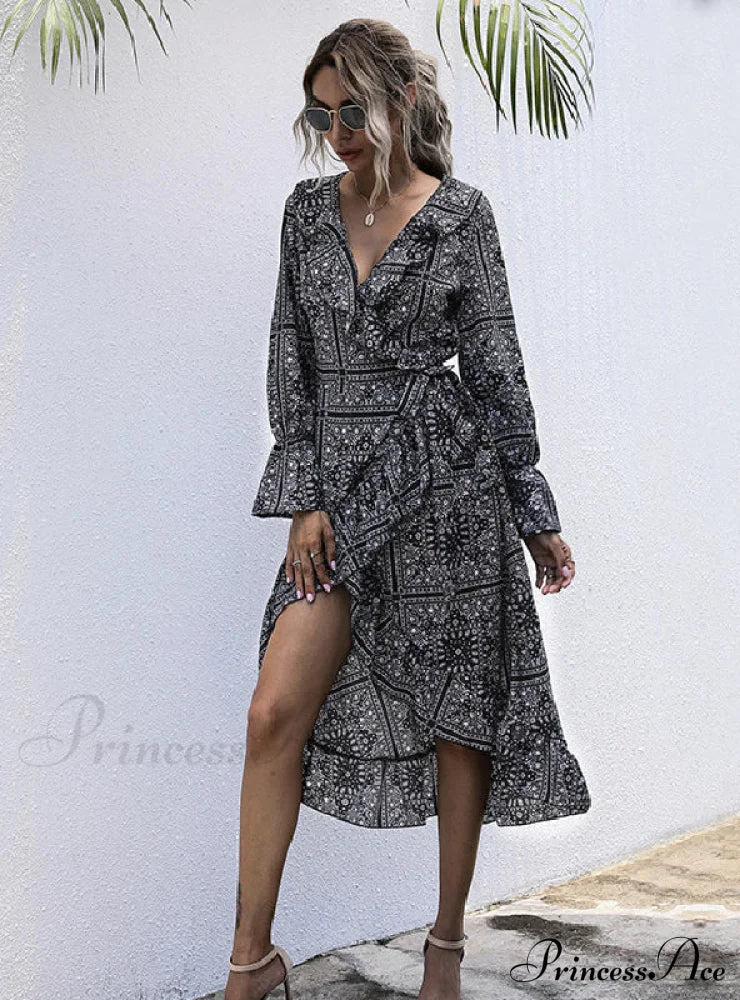 Ethnic Print Mid-Length Temperament Dress S / Black Print Dress