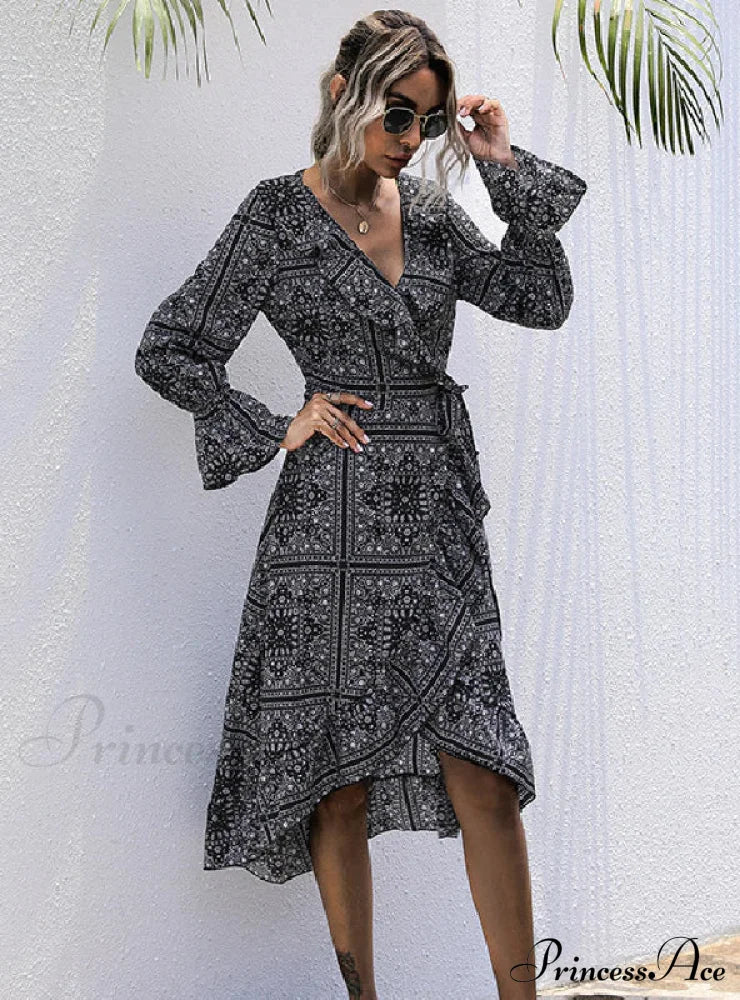 Ethnic Print Mid-Length Temperament Dress S / White Print Dress