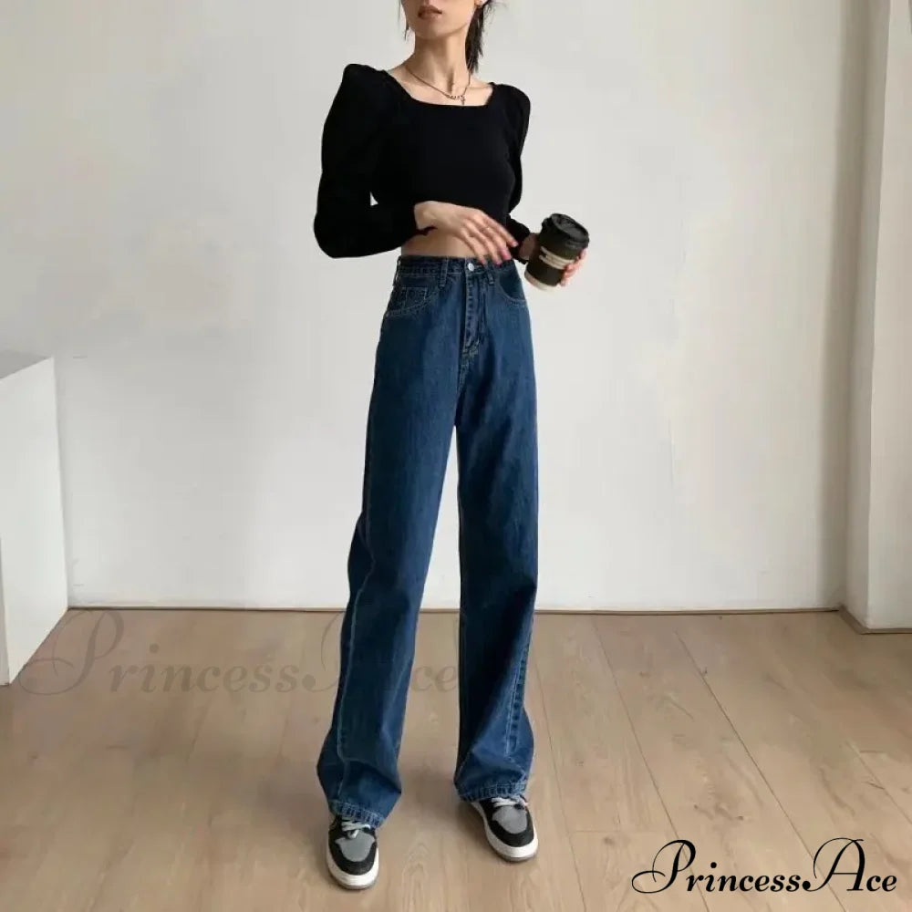 European And American Gentle Style Dirty Pink Ruffled Versatile Wide Leg Pants Jean Deep Blue / S