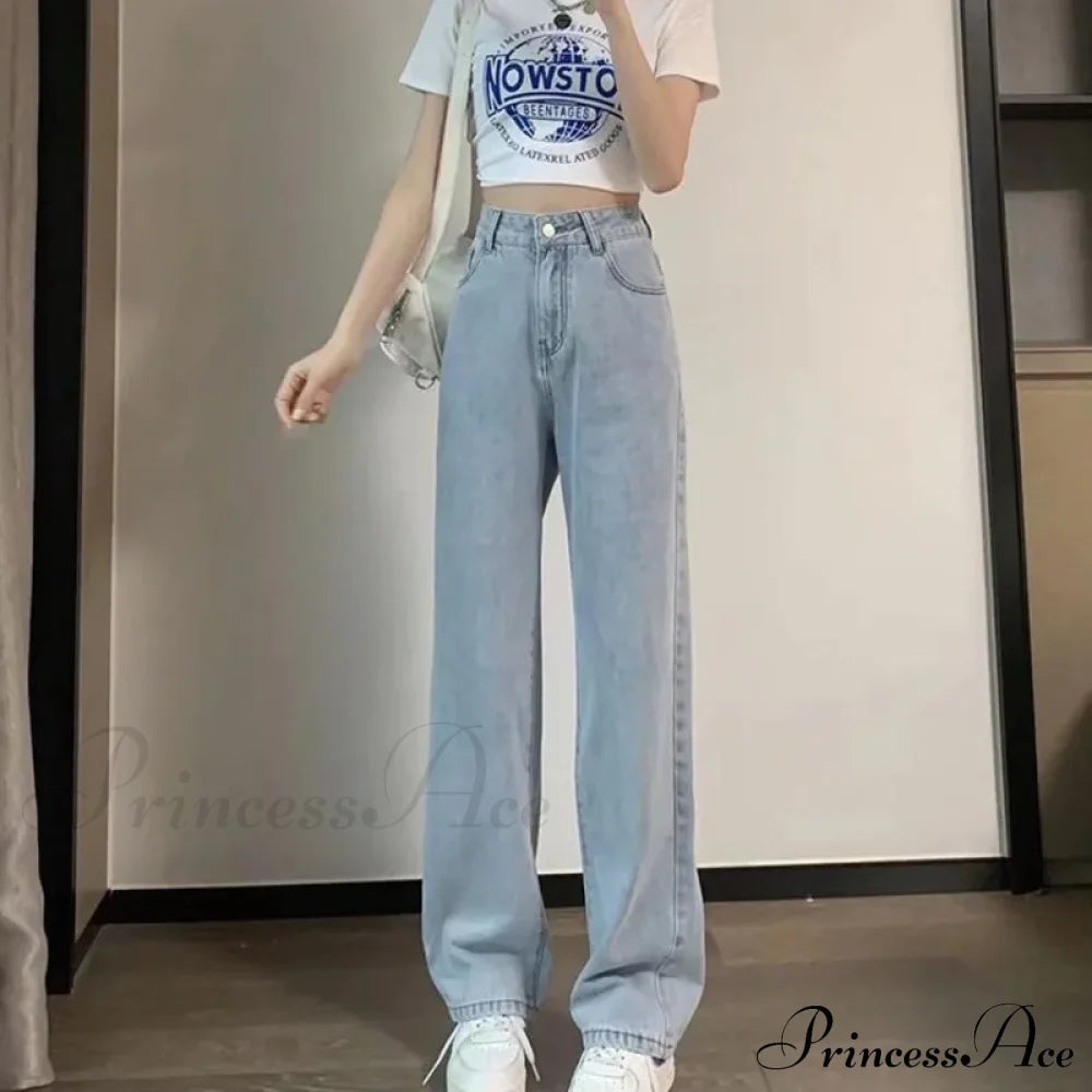 European And American Gentle Style Dirty Pink Ruffled Versatile Wide Leg Pants Jean Light Blue / S