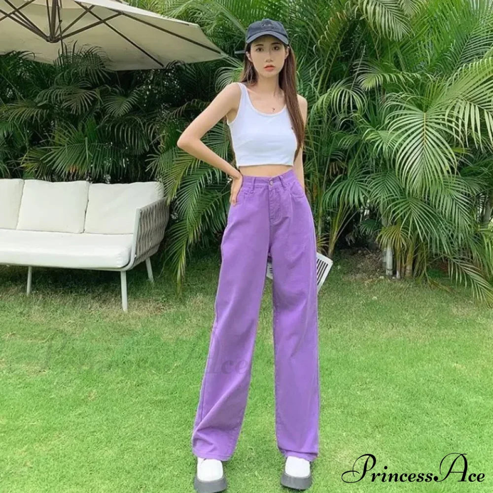 European And American Gentle Style Dirty Pink Ruffled Versatile Wide Leg Pants Jean Purple / S