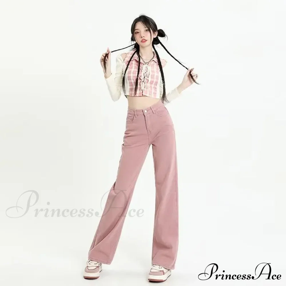 European And American Gentle Style Dirty Pink Ruffled Versatile Wide Leg Pants Jean / S