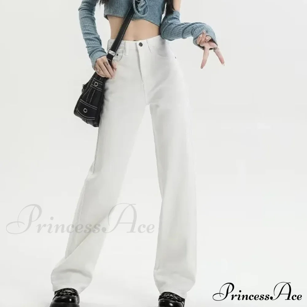European And American Gentle Style Dirty Pink Ruffled Versatile Wide Leg Pants Jean White / S