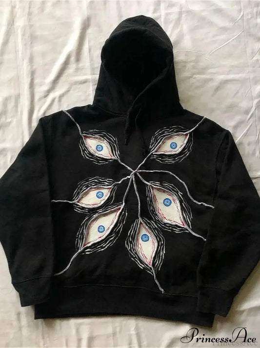 Evil Eye Patterned Dark Gothic Hip Hop Hoodie Black / S