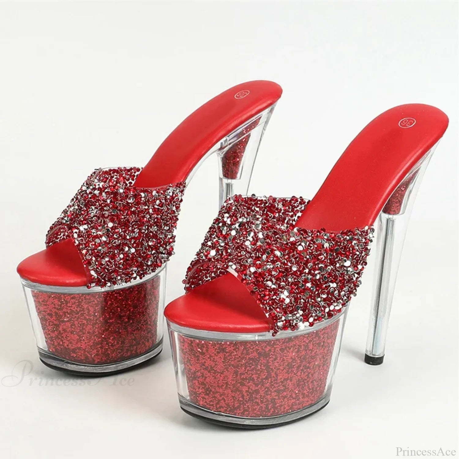 Extreme 17Cm Pole-Dance Sequined Transparent Platform Peep-Toe Sexy Slipper Stripper High Heel Red
