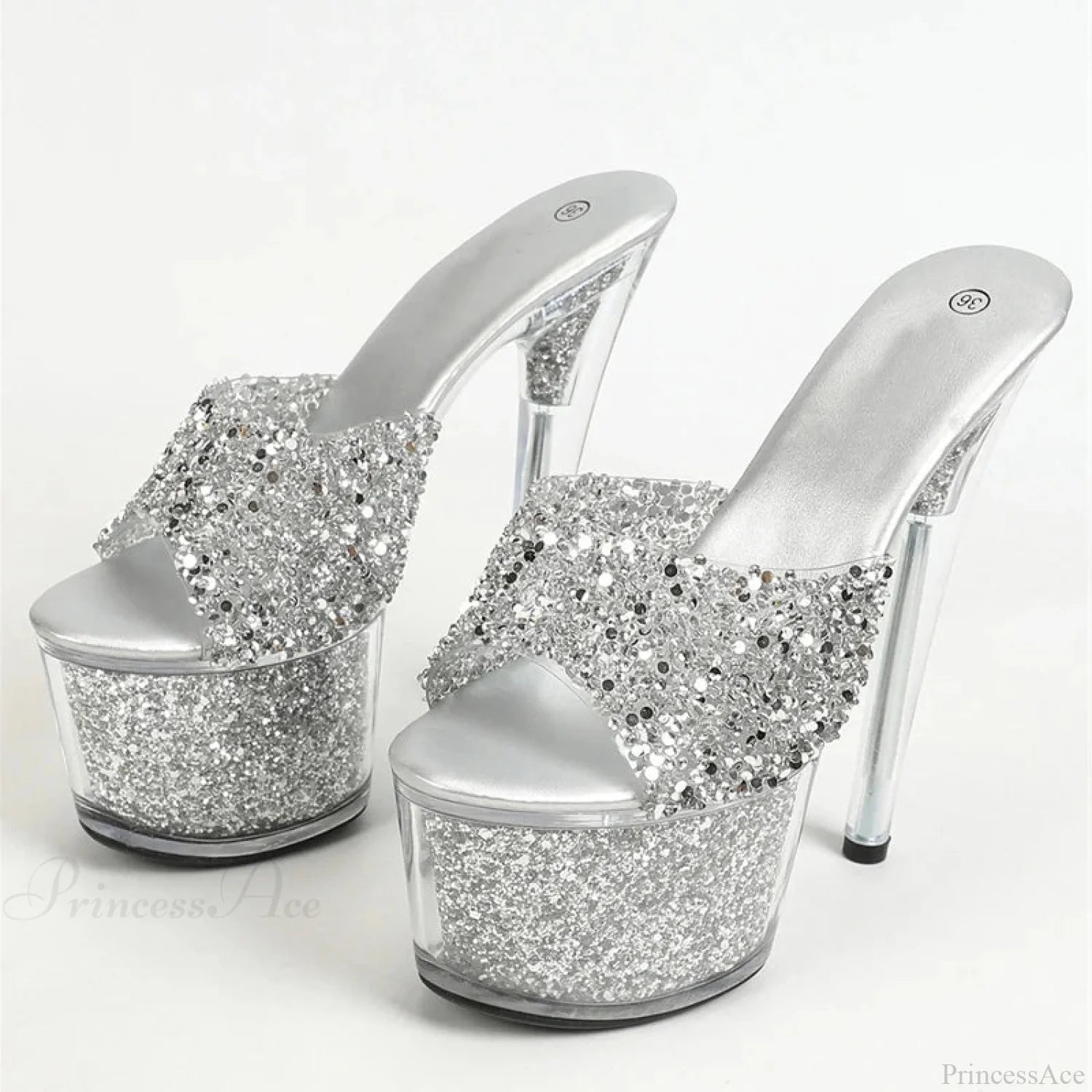 Extreme 17Cm Pole-Dance Sequined Transparent Platform Peep-Toe Sexy Slipper Stripper High Heel