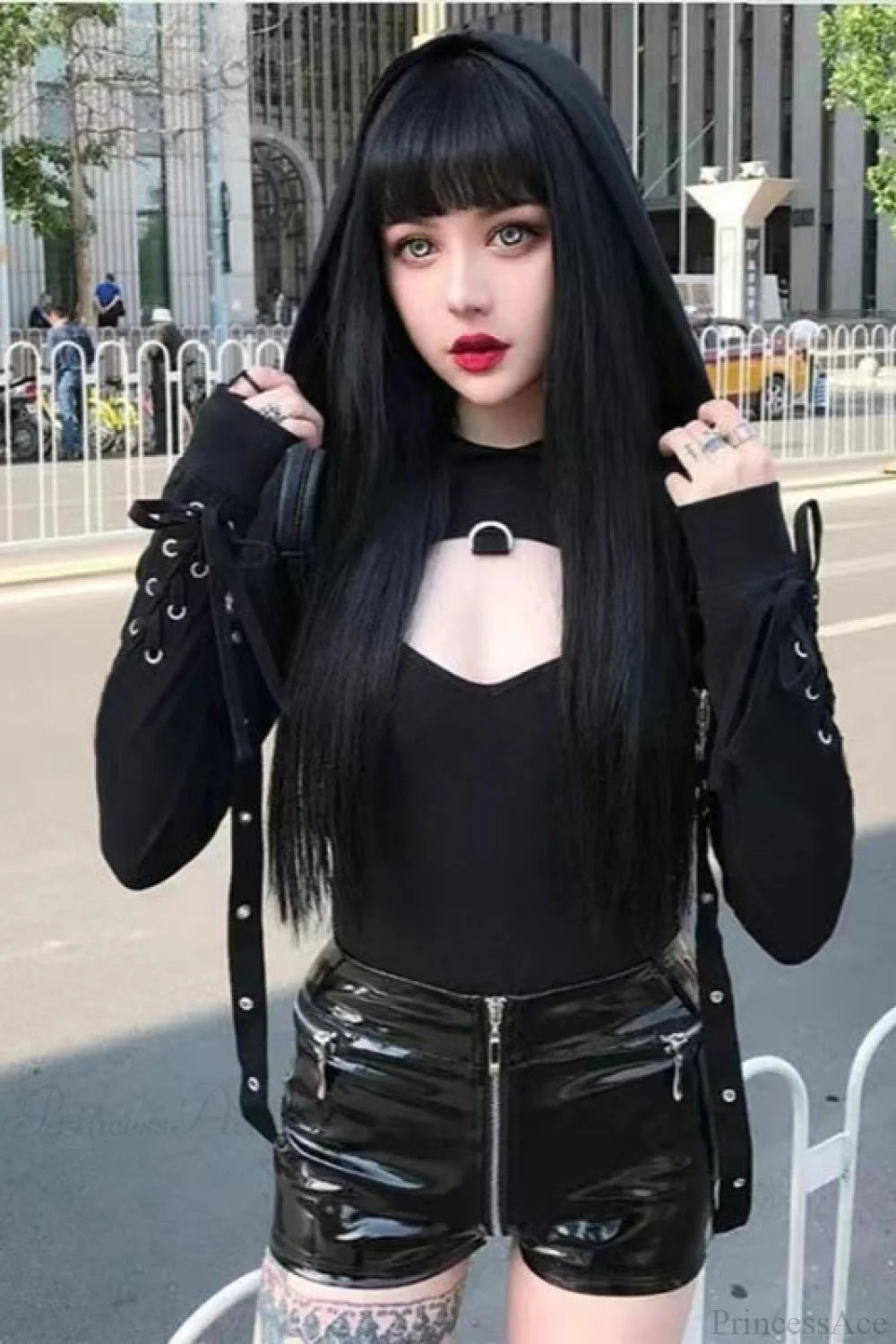 Eyelet Lace-Up Gothic Halloween Hoodie Black / S