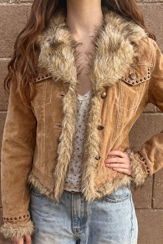 Faux Fur Trim Suede Button Jacket