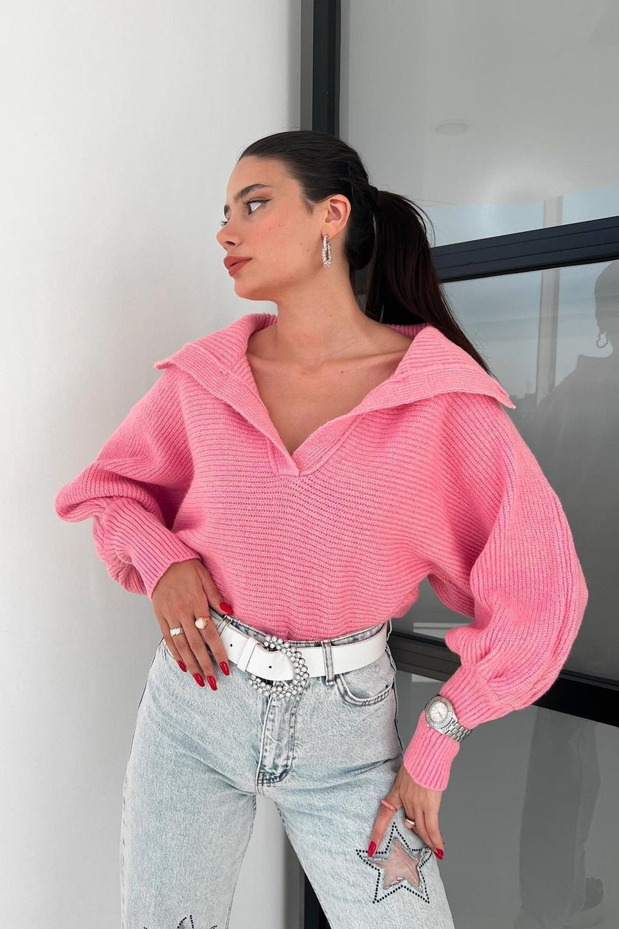 Lantern Sleeve Open Collar Knit Sweater