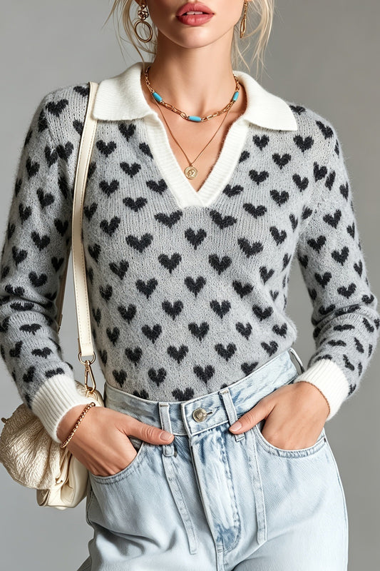 Heart Jacquard Collared Knit Sweater
