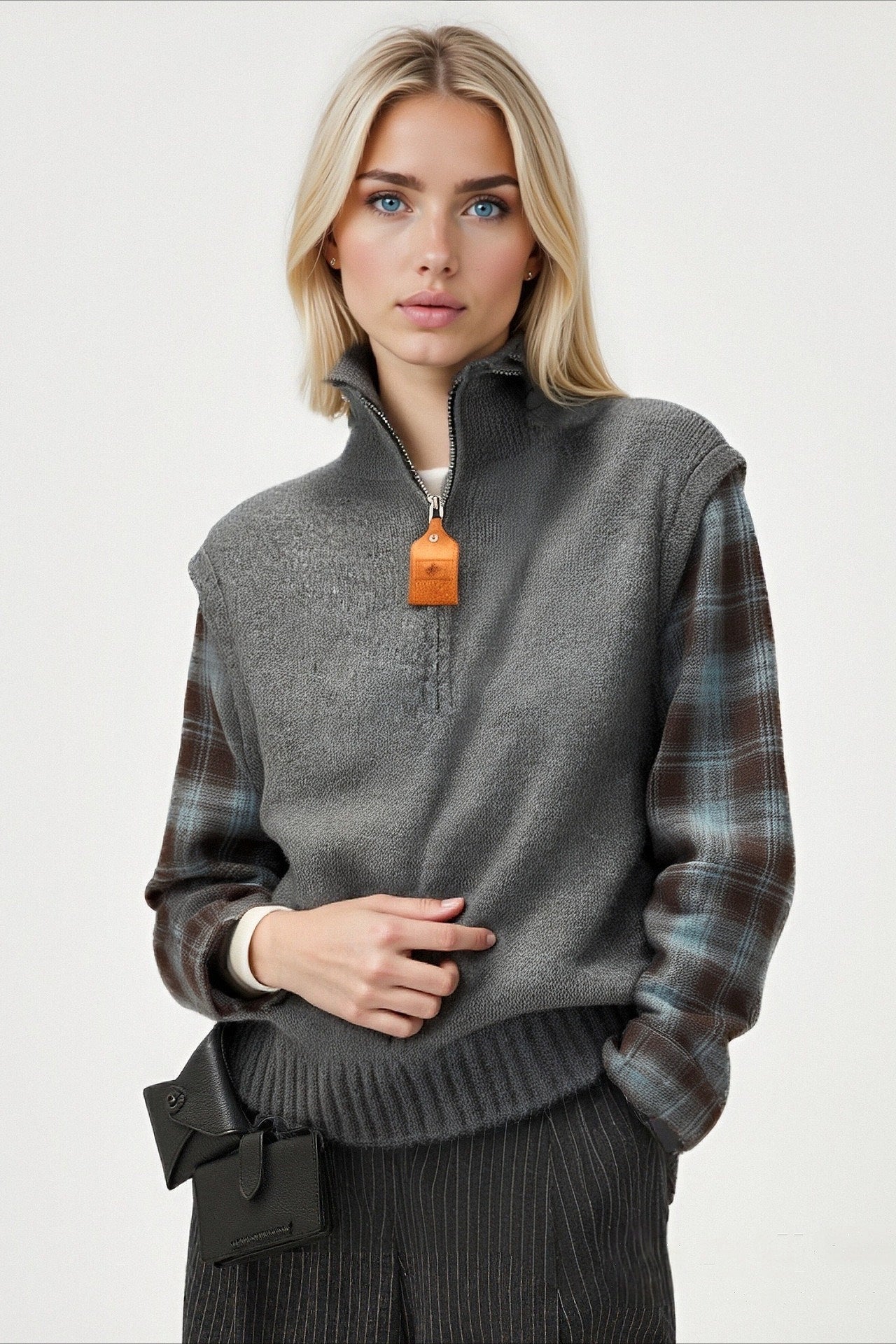 Fake Two Piece Plaid Contrast Half Zip Collared Sweater