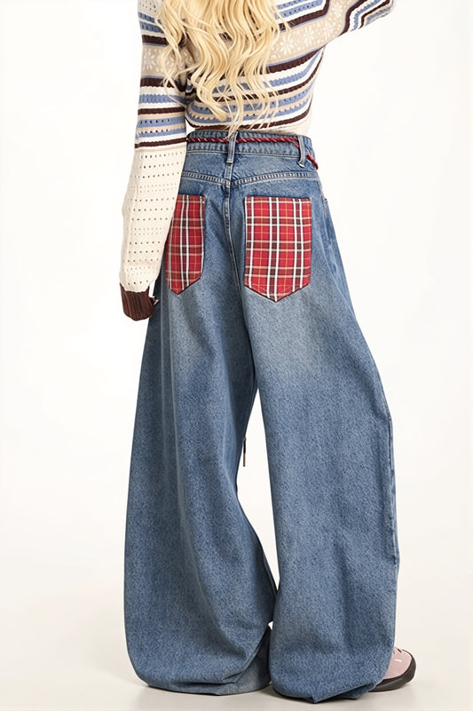 Plaid Panel Drawstring Barrel Jeans