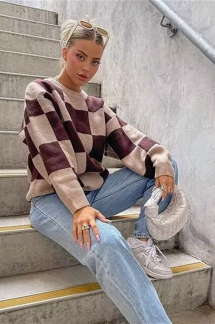Heckerboard Strickpullover mit Rundhalsausschnitt, lockerer Passform und langen Ärmeln
