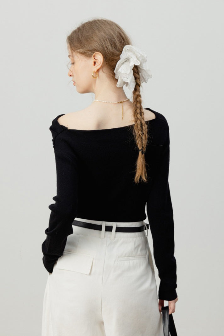 Off-Shoulder Draped Collar Waist-Cinched Knit Top