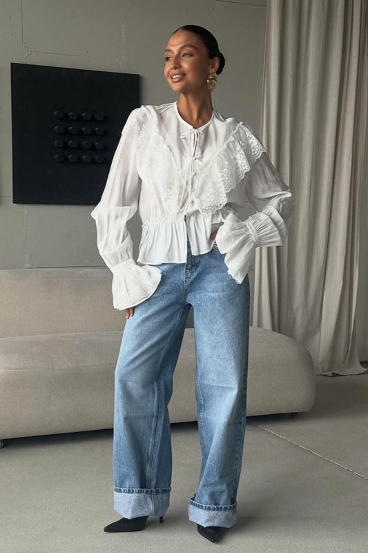 Lace Yoke Ruffle Hem Blouse