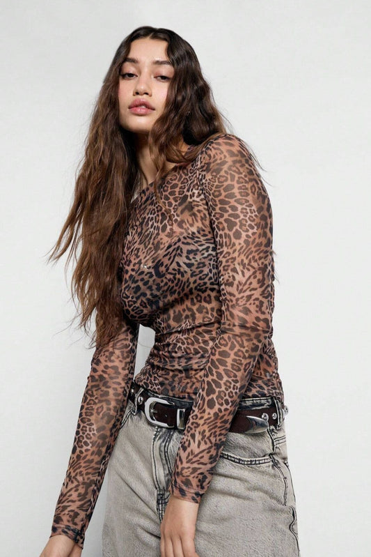 Leopard Print Sheer Mesh Top