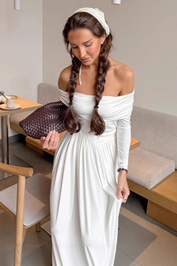 White Long Sleeve Off Shoulder Strapless Maxi Dress White / S